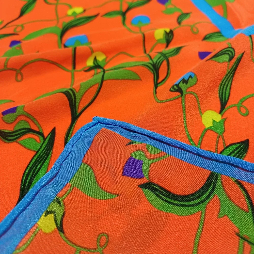 Marja Kurki Womens Silk Scarf 35x35 Orange Blue Floral Botanical Artsy Statement